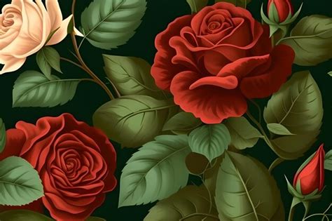 Premium Ai Image A Green Background With Red Roses And Green Leaves