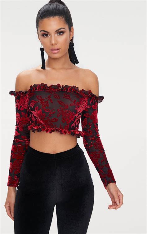 Red Velvet Flock Bardot Longsleeve Crop Top Prettylittlething