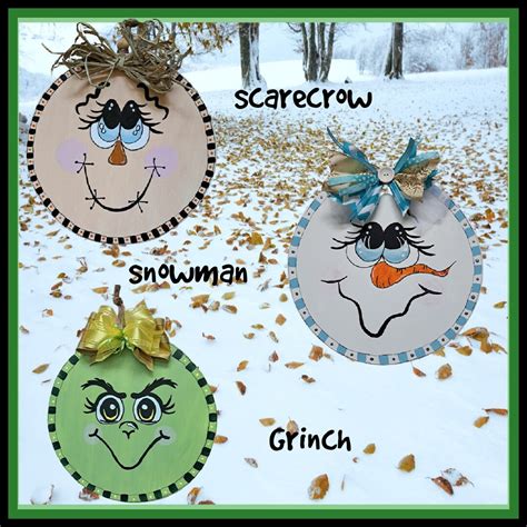 Snowman Scarecrow Grinch Wood Signs Rounds Winter Fall Etsy