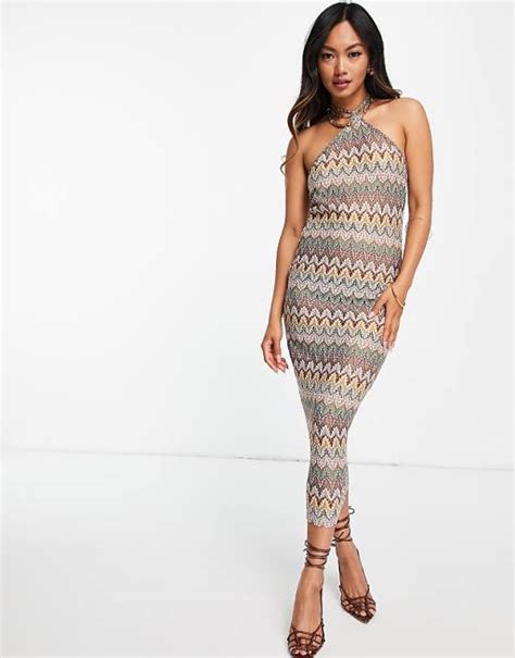 Asos Design 70s Crochet Skinny Halter Midi Dress In Multi Color Asos