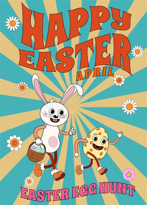 Groovy Happy Easter Poster Vintage Funny Bunny With Egg Easter Egg Hunt Stock Vector