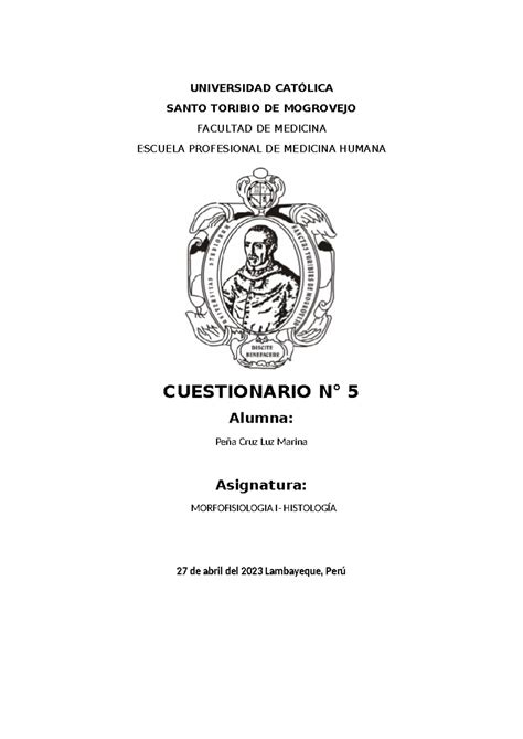 1 Cuestionario Histologia II Unidad 1 UNIVERSIDAD CATÓLICA SANTO