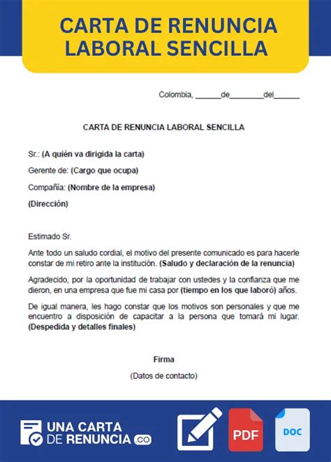 Carta De Renuncia Laboral Sencilla Ejemplos