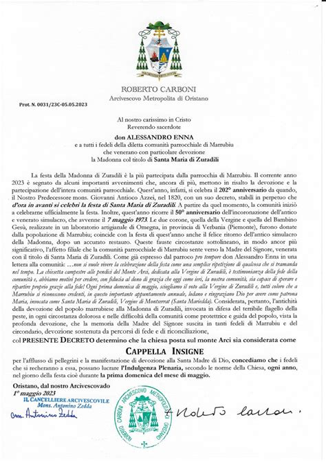 Decreto Arcivescovile Della Chiesa Di Santa Maria Di Zuradili A