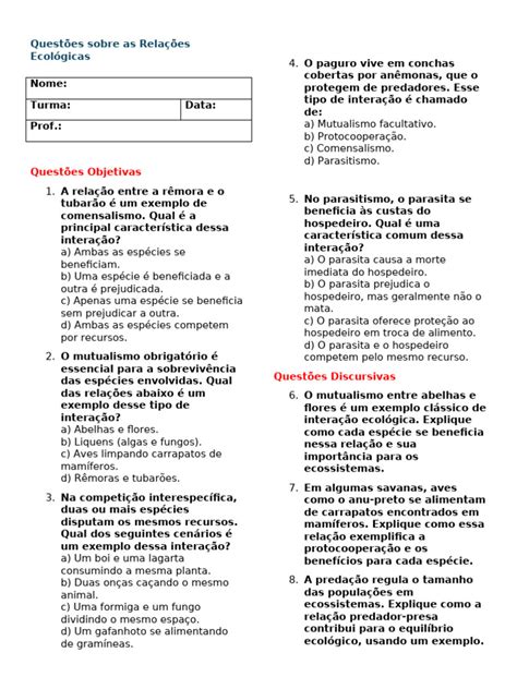 Questões Relações Ecológicas - Questões sobre Relações Ecológicas | PDF | Interações biológicas | Ecologia