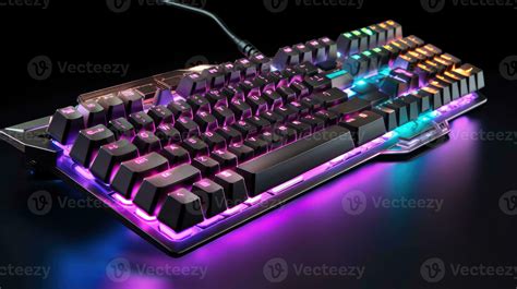 Computer gaming keyboard with neon lights on a interior gaming room ...