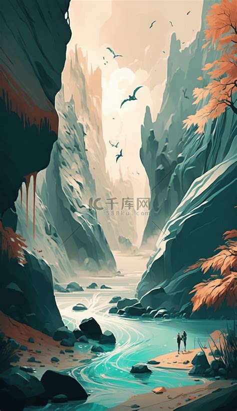 手绘动画山区峡谷山脉插画图片 千库网