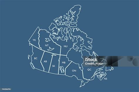 Canada Map Outline Vector With State Names On Blue Background Illustration Stock Illustration