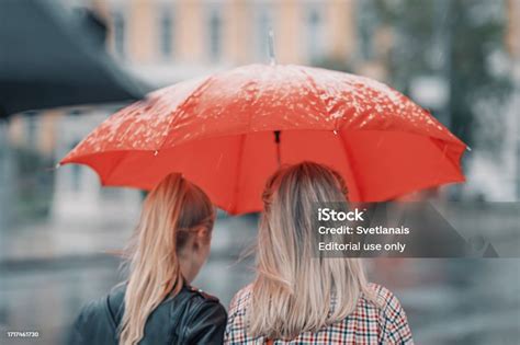 Two Blonde Girls Under Red Umbrella Rear View Modern City Rain Stock