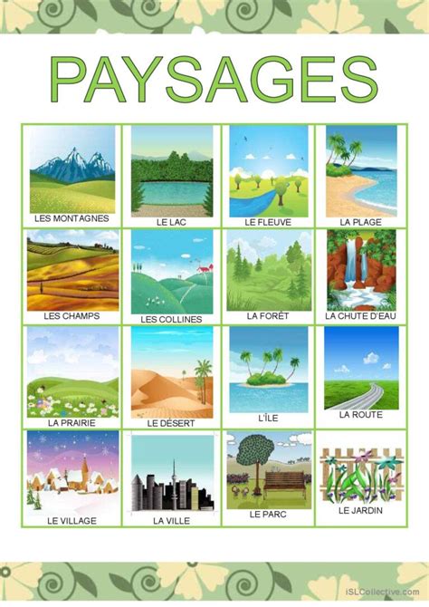 Paysages affiches dictionnaire vis Français FLE fiches pedagogiques