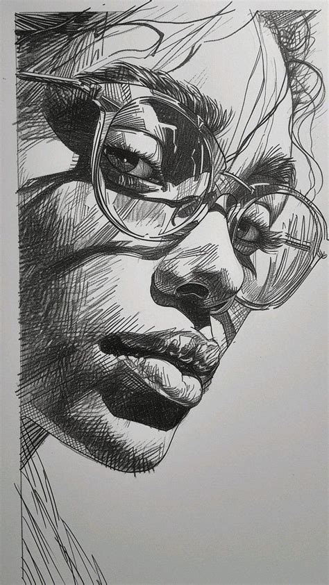 sketch black ink portrait distorted faces drawing colorful