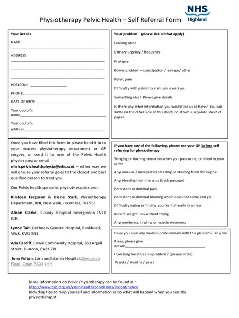 Fillable Online Physiotherapy Pelvic Health Self Referral Form Fax