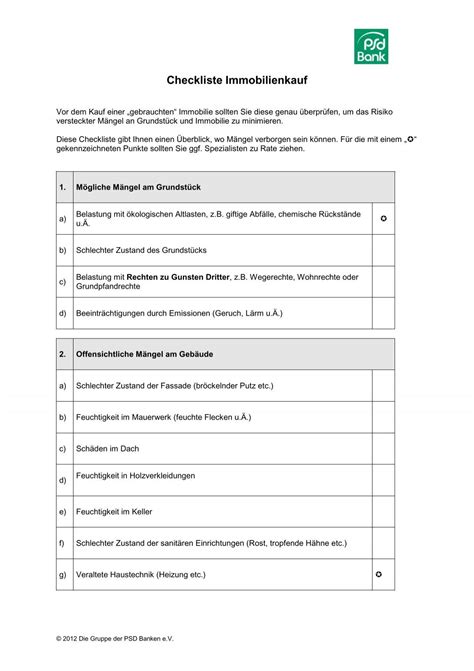 Checkliste Immobilienkauf PSD Bank