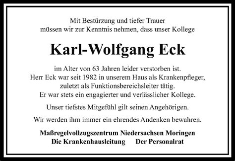 Traueranzeigen Von Karl Wolfgang Eck Trauer Anzeigen De