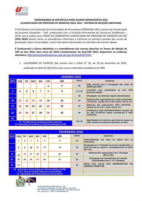 PDF CRONOGRAMA DE MATRÍCULA PARA ALUNOS processodeingresso upe pe