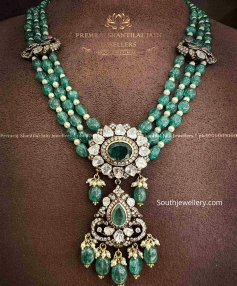 Emerald Beads Necklace With Victorian Polki Pendant Indian Jewellery