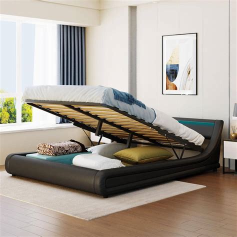 ANBAZAR 65.7 in. Queen Size Upholstered Leather Platform Bed with Underneath Storage Gas Lift ...