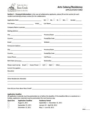 Fillable Online Arts Colony Residency APPLICATION FORM Section 1