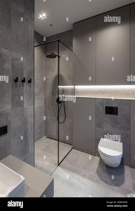 Modern interior of bathroom in luxury contemporary apartment. Grey ...