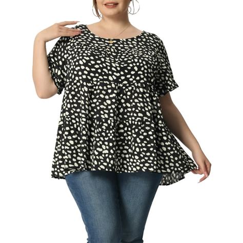 Unique Bargains Womens Plus Size Polka Dots Blouses Round Neck Tiered