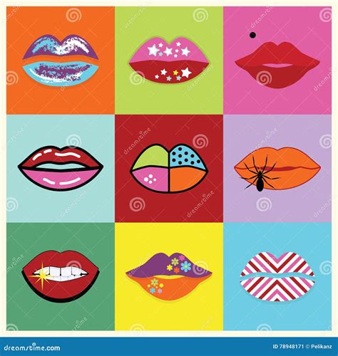 Assorted And Colorful Pop Art Women Lips Set Poster Stock Vector