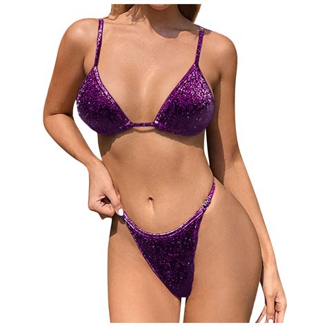 Tqwqt Women Shiny Bikini Micro Sexy String Two Pieces Swimsuit Female