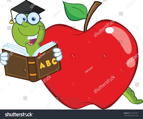 Happy Worm In Red Apple Reading A School Book Stock Vector Illustration