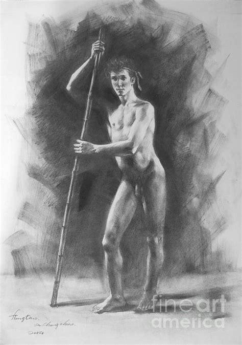 Original Drawing Sketch Charcoal Chalk Male Nude Gay Man Standing Art