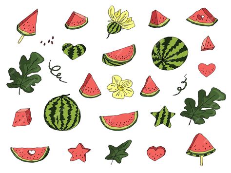 Premium Vector Cute Vector Set Of Watermelon Clipart Hand Drawn Watermelon Icon Fruit Illustration