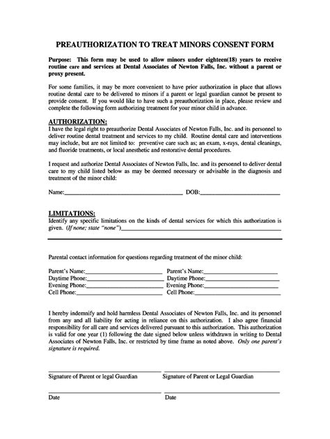 Fillable Online Preauthorization To Treat Minors Consent Form Dental