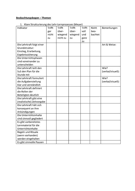 Beobachtungsbogen Strukturierung Beobachtungsbogen Themen Klare