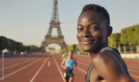 Obraz Portrait Focused Happy And Healthy Running Athlete Eiffel