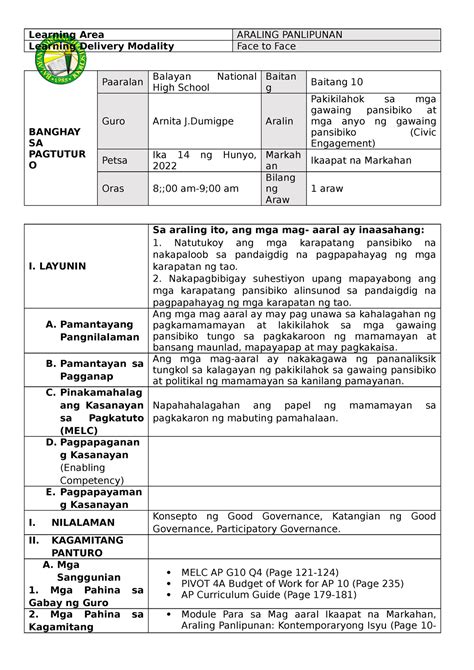 Civic Engagement Lesson Plan Learning Area Araling Panlipunan