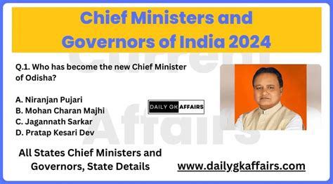 Chief Ministers And Governors Of India 2024 With Mcq