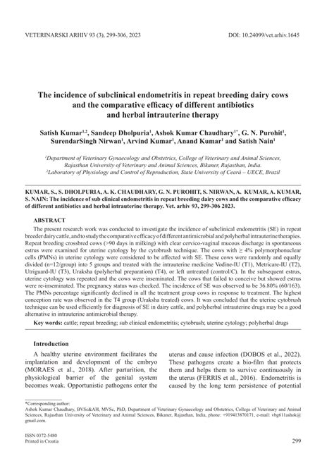 PDF The Incidence Of Subclinical Endometritis In Repeat Breeding