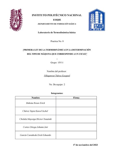 Conclusiones Practica No 8 Primera Ley De La Termodinamica INSTITUTO