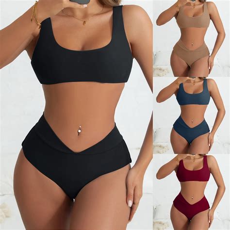 Womens Summer Solid Color Split Bikini High Waist Swimsuit Piece