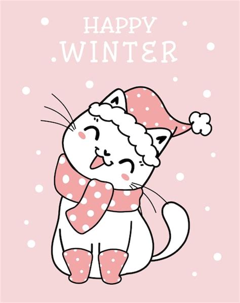 Dibujos Animados De Navidad Lindo Gatito Gato Con Ropa De Invierno Rosa