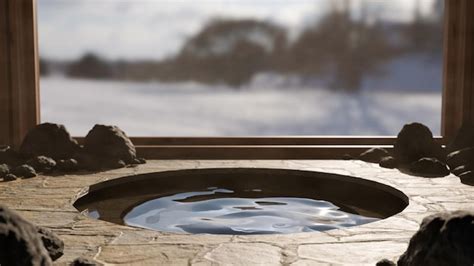 Premium Photo Indoor Stone Onsen Against The Window With Snow View Traditional Hot Jacuzzi In