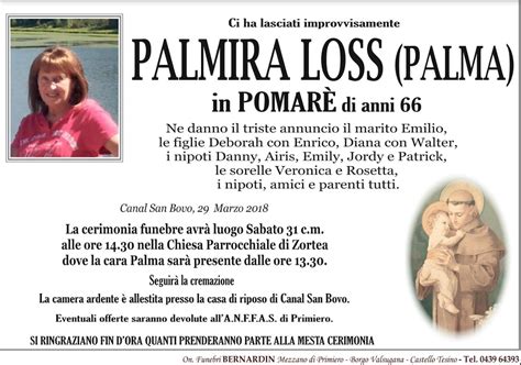 Addio a Palmira Loss Palma in Pomarè funerali sabato 31 marzo alle