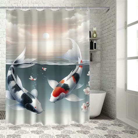 Lzatpd Koi Fish Shower Curtain Cherry Blossom Branch Flower Petal Carp