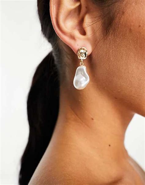 Designb London Molten Pearl Drop Earrings In Gold Asos