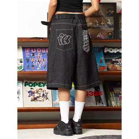 Qweek Y K Vintage Baggy Jorts Women Embroidery Hip Hop Gothic