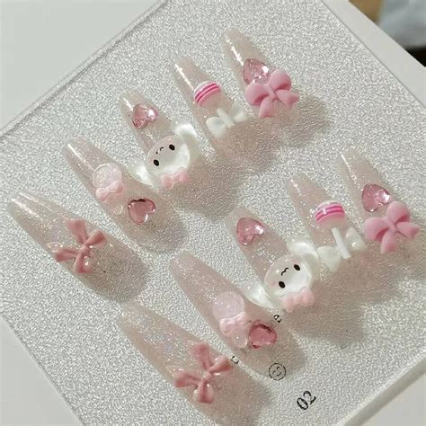 24pcs Cinnamoroll Girl Long Fake Nail Set Sanrio Full Cover Fakes Nails Tips Y2k False Nails