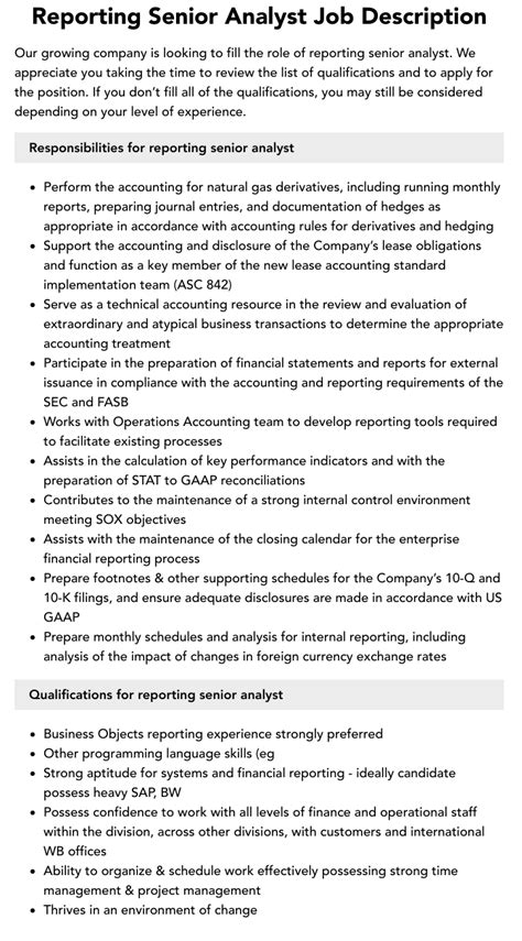 Reporting Senior Analyst Job Description Velvet Jobs