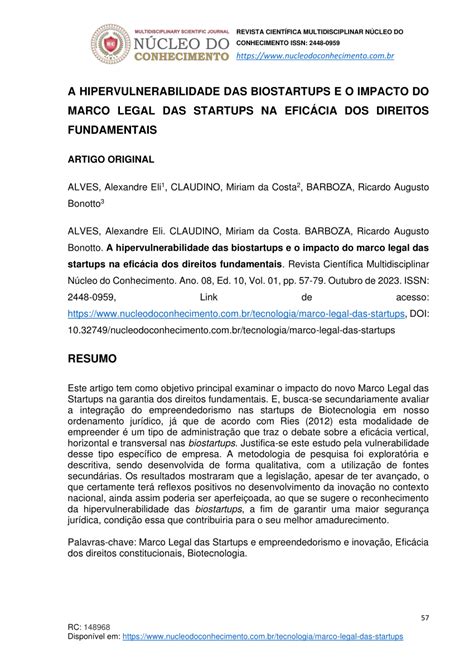 Pdf A Hipervulnerabilidade Das Biostartups E O Impacto Do Marco Legal