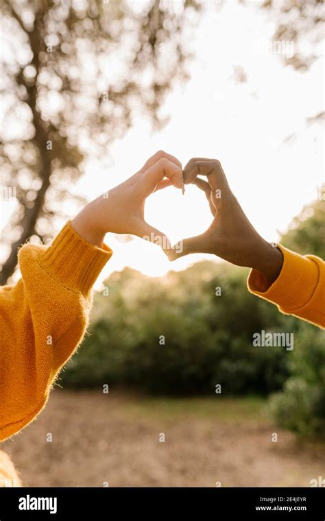 Couple making heart shape with hands at forest Stock Photo - Alamy