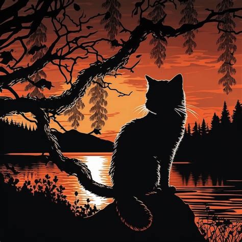 Un Gato Negro Se Sienta En Una Roca Frente A Un Lago Al Atardecer