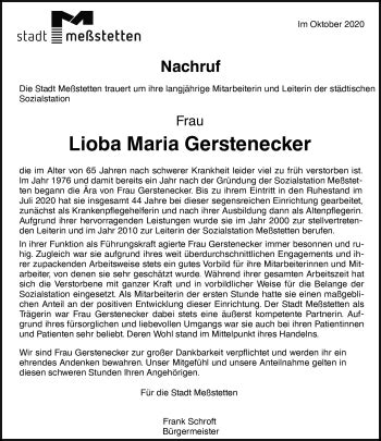 Traueranzeigen Von Lioba Maria Gerstenecker Schwarzw Lder Bote Trauer