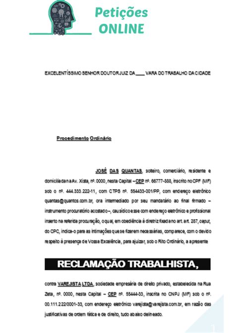 Exemplo De Petição Inicial De Reclamação Trabalhista Novo Exemplo